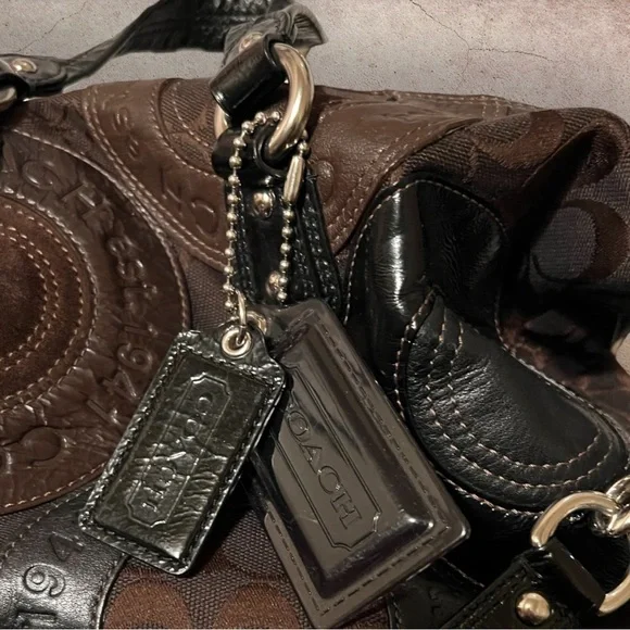 COACH Ashley 15474 Patchwork Shoulder Bag 13”x9”x4” Inside pockets. BlackBrn EUC - Picture 7 of 15